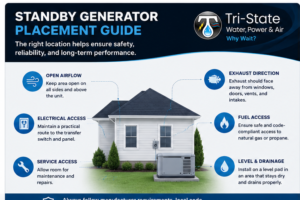 Standby generator placement graphic showing airflow, exhaust direction, fuel access, transfer switch access, level pad, and maintenance clearance around a home.