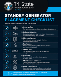 Standby generator placement checklist with airflow, exhaust, electrical access, fuel access, drainage, level base, maintenance clearance, and code compliance.