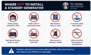 Where not to install a standby generator graphic showing garage, deck, window, standing water, blocked fencing, and inaccessible locations.